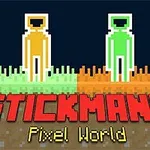 Două figuri stilizate de stickman, una portocalie și una verde, stau pe un fundal pixelat împărțit pe verticală, cu textul Stickmans Pixel World dedesubt