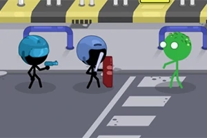 Două figurine stickman cu căști, una cu pistol și alta cu scut, se confruntă cu o creatură verde pe o stradă desenată