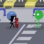 Două figurine stickman cu căști, una cu pistol și alta cu scut, se confruntă cu o creatură verde pe o stradă desenată