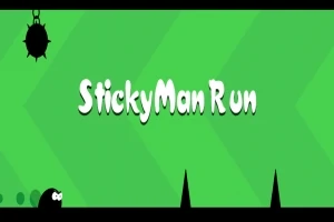 Text alb StickyMan Run pe un fundal verde, cu un personaj rotund în colțul din stânga jos și obstacole ascuțite negre