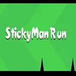 Text alb StickyMan Run pe un fundal verde, cu un personaj rotund în colțul din stânga jos și obstacole ascuțite negre