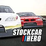 Două mașini de curse, una albă și alta roșie, pe o pistă de viteză, cu textul Stockcar Hero în colțul din dreapta jos