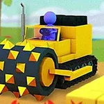 Un personaj violet conducând un vehicul galben cu un tambur frontal cu țepi, într-un peisaj cu palmieri și un crab roșu
