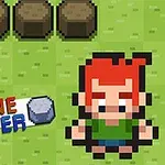 Grafică pixelată cu un personaj cu păr roșcat și numele Stone Smacker pe un fundal verde cu obiecte rotunde