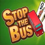 Textul Stop the Bus, un autobuz roșu și trei cărți de joc (dama, regele, asul de treflă) pe un fundal verde