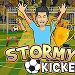 Un desen animat al unui jucător de fotbal fericit, ridicând un trofeu de aur pe un teren de fotbal, cu un portar și o minge în fundal