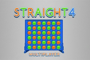 Joc cu discuri portocalii și verzi într-un suport albastru, cu textul STRAIGHT 4 MULTIPLAYER deasupra și dedesubt