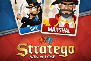 Două cărți de joc, una reprezentând un spion și alta un mareșal, sunt plasate deasupra textului Stratego Win or Lose pe un fundal roșu-albastru