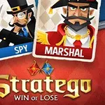 Două cărți de joc, una reprezentând un spion și alta un mareșal, sunt plasate deasupra textului Stratego Win or Lose pe un fundal roșu-albastru