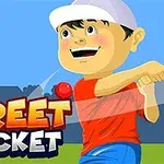 Un băiat zâmbitor, purtând o șapcă albă și un tricou roșu, lovește o minge de crichet lângă textul „Street Cricket”