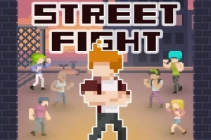 Personaje pixelate în fața unui fundal urban, cu text „STREET FIGHT” deasupra