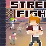 Personaje pixelate în fața unui fundal urban, cu text „STREET FIGHT” deasupra