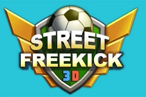 Siglă cu o minge de fotbal pe un scut verde, înconjurată de aripi aurii, cu textul „Street Freekick 3D” în față, pe un fundal albastru