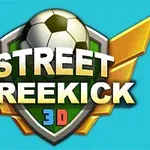 Siglă cu o minge de fotbal pe un scut verde, înconjurată de aripi aurii, cu textul „Street Freekick 3D” în față, pe un fundal albastru