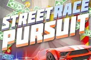 Textul Street Race Pursuit deasupra unei mașini sport roșii și fundal cu bancnote zburătoare