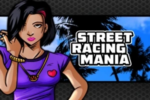 Personaj animat cu păr negru și tricou mov lângă textul Street Racing Mania pe un fundal cu palmieri