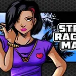 Personaj animat cu păr negru și tricou mov lângă textul Street Racing Mania pe un fundal cu palmieri