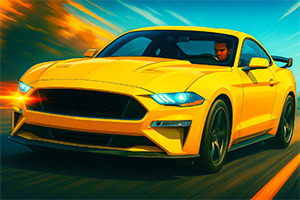 Mașină sport galbenă în mișcare rapidă, cu un fundal neclar vibrant