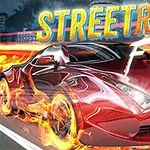 Mașină sport roșie în flăcări pe un fundal urban, cu textul „Streetrace Fury” deasupra