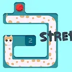 Pisică stilizată lungită într-un labirint cu un ghem roșu de ață și textul STRETCH the CAT