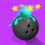 Un personaj albastru desene animat stă pe o bilă de bowling neagră, cu stele galbene rotind în jurul capului său, pe un fundal mov