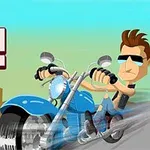 Un personaj animat pe o motocicletă albastră, purtând ochelari de soare, apare într-o ilustrație stilizată cu textul Stud Rider în stânga