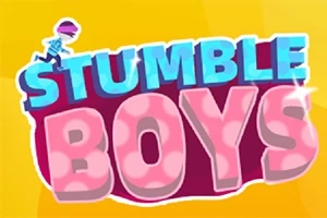 Text albastru și roz „STUMBLE BOYS” pe un fundal galben, cu o siluetă de personaj în partea de sus