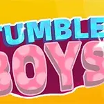 Text albastru și roz „STUMBLE BOYS” pe un fundal galben, cu o siluetă de personaj în partea de sus