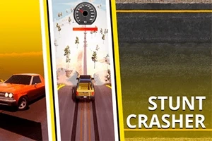 Mașină roșie și vitezometru cu peisaj montan, text Stunt Crasher