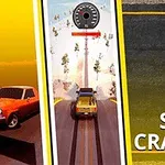 Mașină roșie și vitezometru cu peisaj montan, text Stunt Crasher