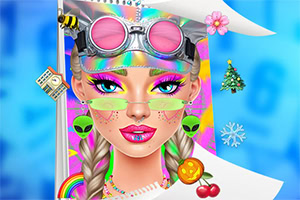 O femeie cu ochelari roz, pălărie futuristă și accesorii vibrante, inclusiv cercei cu extraterestru și fundal multicolor