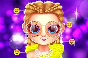 Fată desen animat cu ochelari mari decorați, împletituri blonde, cercei și colier strălucitori, pe fundal violet cu emoji-uri zâmbitoare