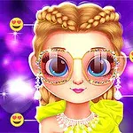 Fată desen animat cu ochelari mari decorați, împletituri blonde, cercei și colier strălucitori, pe fundal violet cu emoji-uri zâmbitoare