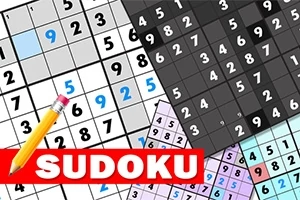Imagini cu grile numerotate de Sudoku divers colorate, cu un creion galben și textul SUDOKU pe un fundal roșu