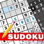 Imagini cu grile numerotate de Sudoku divers colorate, cu un creion galben și textul SUDOKU pe un fundal roșu