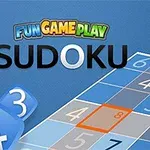 Textul „FUN GAME PLAY SUDOKU” pe un fundal albastru cu un tabel de Sudoku parțial completat
