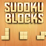 Textul Sudoku Blocks este afișat deasupra unor piese de puzzle formate din blocuri pe un fundal de lemn