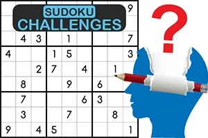 Grilă de sudoku parțial completată, cu o siluetă albastră de cap uman și un semn de întrebare roșu deasupra, având un creion care traversează capul