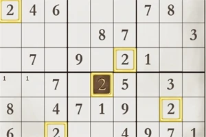Tabel de Sudoku cu unele celule evidențiate în galben și o celulă centrală evidențiată cu maro