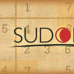 Cuvântul Sudoku este afișat în fața unui fundal bej cu numere într-un stil de tipar tradițional