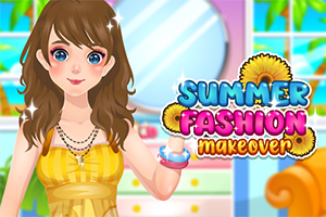 Fată cu păr castaniu și rochie galbenă, zâmbind într-o cameră colorată, cu titlul Summer Fashion Makeover alături