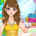 Fată cu păr castaniu și rochie galbenă, zâmbind într-o cameră colorată, cu titlul Summer Fashion Makeover alături