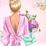 O femeie cu păr blond și o rochie roz deschis, văzută din spate, ținând o geantă turcoaz și un buchet de flori, înconjurată de orhidee albe pe un fundal roz