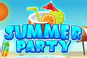 Textul Summer Party în culori albastre, pe un fundal de plajă cu mare, soare, umbrelă și băutură cu felii de lămâie și portocală