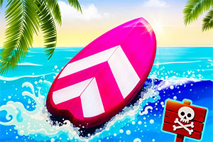 Placă de surf roz cu simbol alb sărind peste valuri tropicale, cu frunze de palmier și un indicator cu craniu de pirat