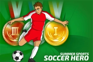Un jucător de fotbal în echipament roșu-lovește o minge pe un fundal verde, cu medalii aurii și bronz în spate