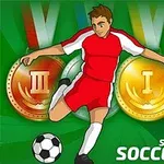 Un jucător de fotbal în echipament roșu-lovește o minge pe un fundal verde, cu medalii aurii și bronz în spate