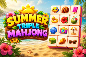 Logo colorat „Summer Spice Mahjong pe o plajă tropicală, alături de piese cu simboluri de vară, flori hibiscus și palmieri