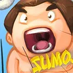 Un personaj caricaturizat de sumo cu gura deschisă și un text galben Sumo