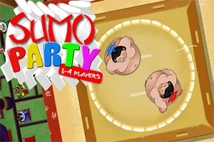 Doi luptători sumo desenați într-un ring, priviți de sus, cu text colorat în stânga imaginii
